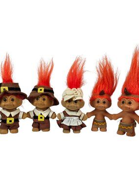 Vintage Russ Thanksgiving Troll Dolls Lot 6 Pilgrim Native American Mini